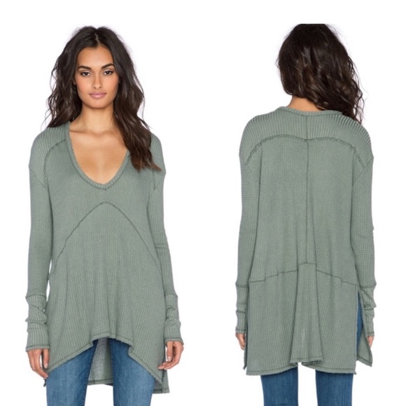 Free People Sunset Park Drippy Thermal Green S/M Oversized Waffle Knit Top - Picture 2 of 9
